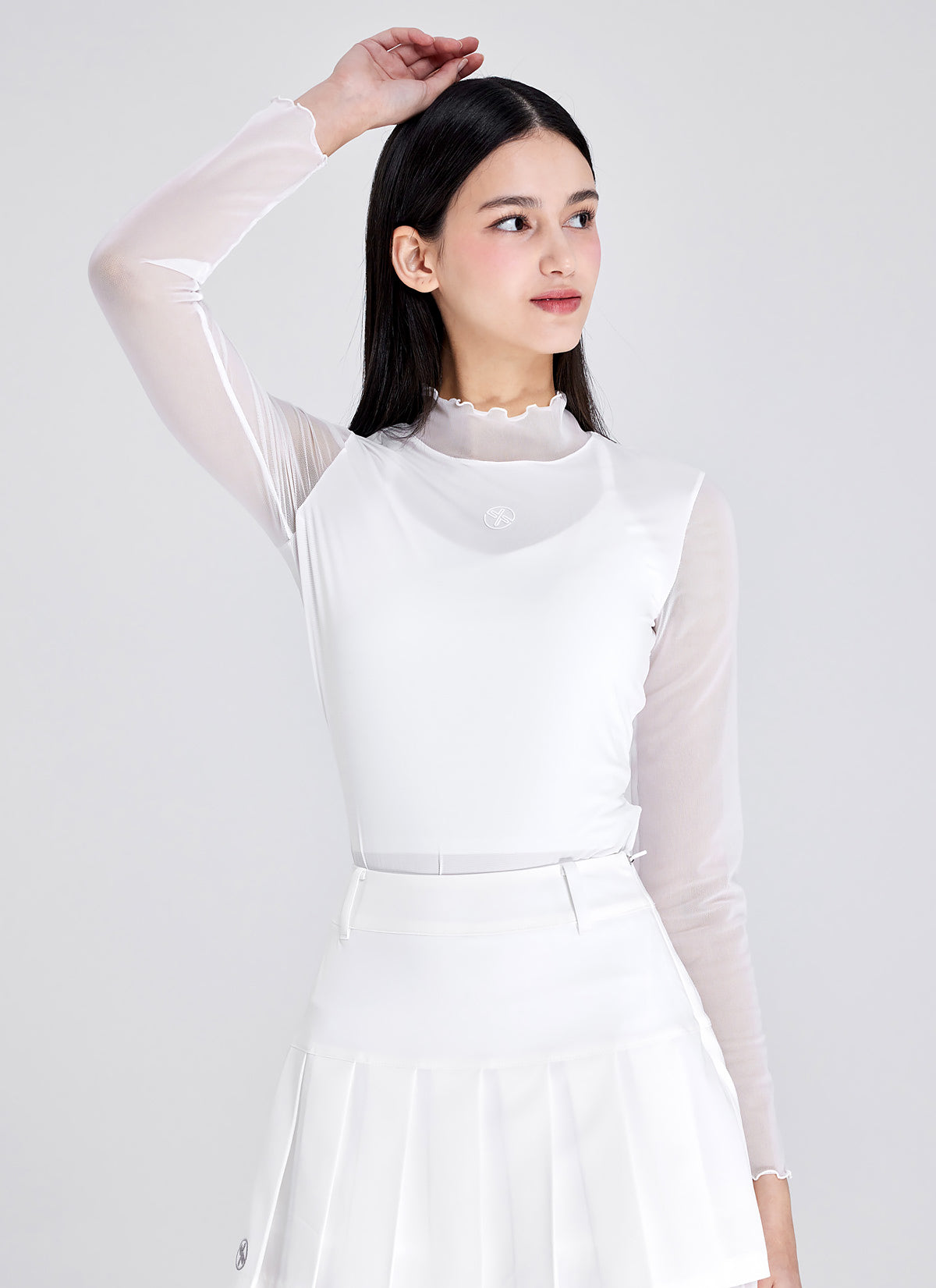 荷葉邊高領透膚長袖上衣｜共2色｜XGFLT03J2