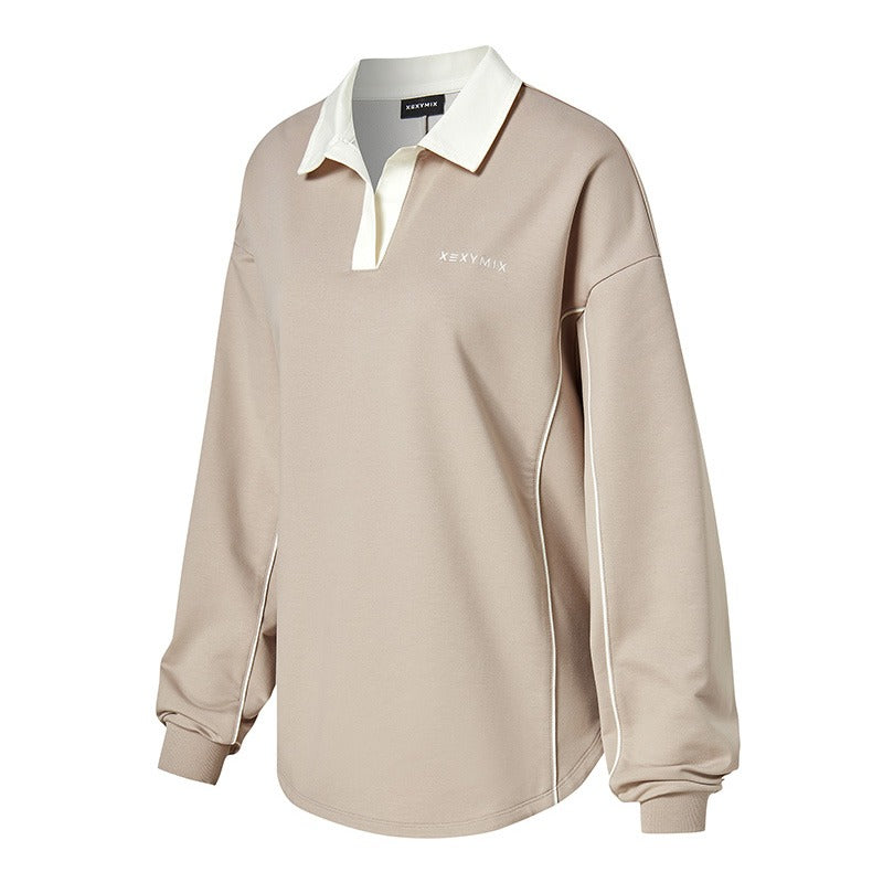 拼色領口滾邊寬鬆長袖上衣｜共4色｜XFK3QL1102