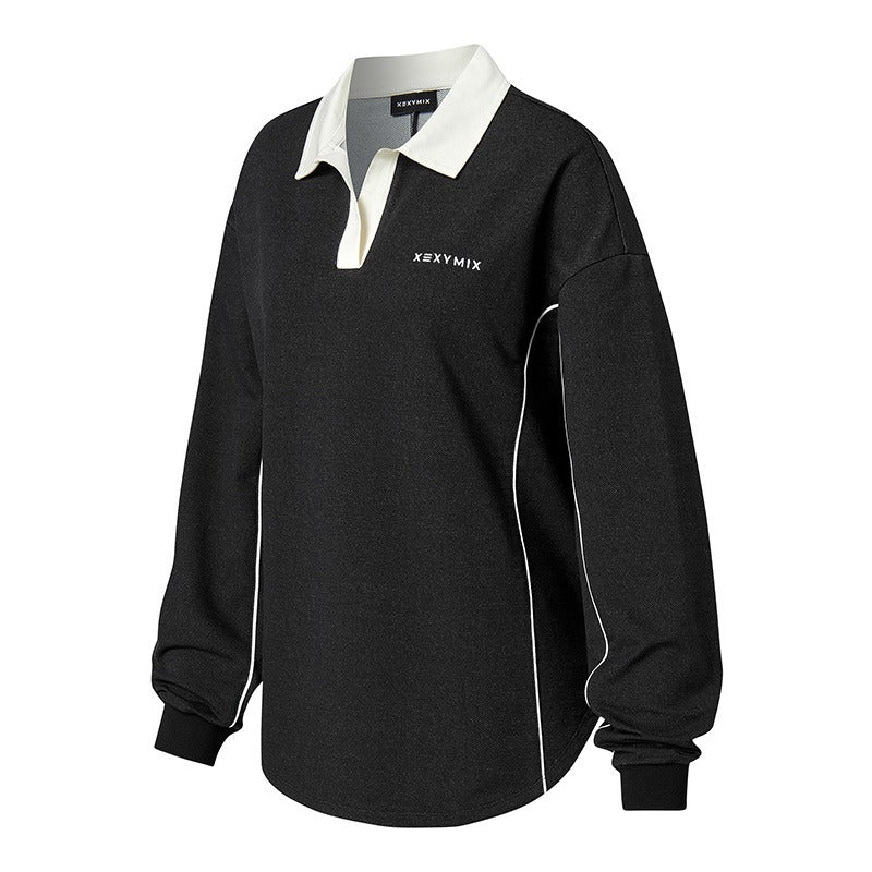 拼色領口滾邊寬鬆長袖上衣｜共4色｜XFK3QL1102