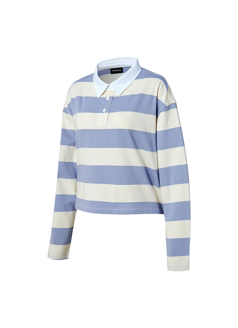 條紋寬鬆短版立領長袖上衣｜共3色｜XFK1QL1103