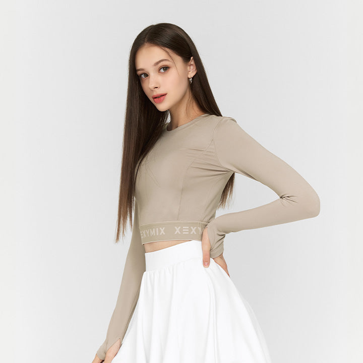 標誌文字下襬短版長袖上衣｜共3色｜XWFLT01H3