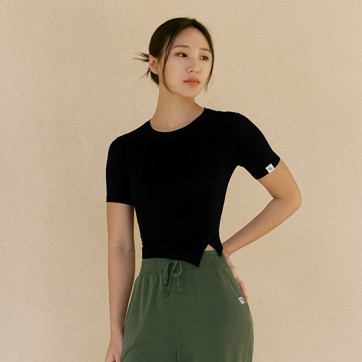 側抓皺不對稱開衩設計短袖上衣｜共5色｜XWFST09H2