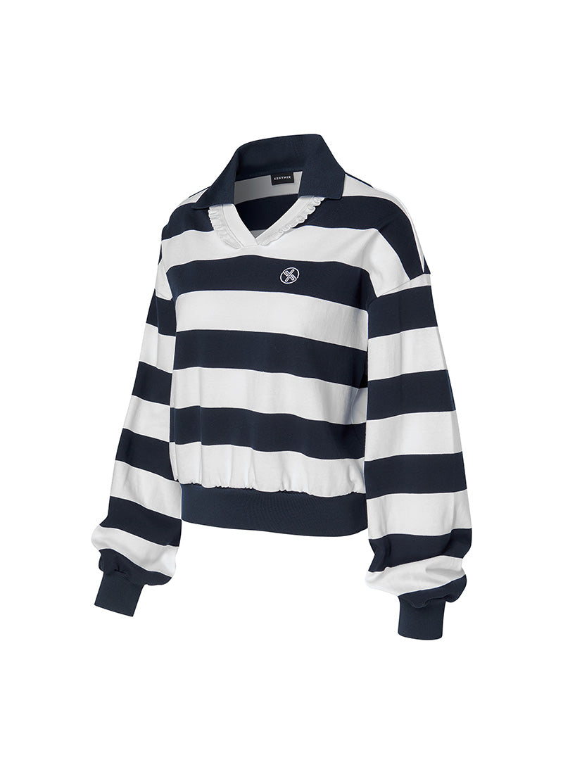 荷葉V領寬條紋長袖上衣 | 海軍藍 Navy 네이비 | XFK1QL1202