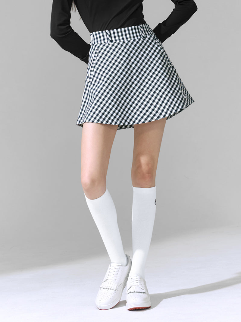 後文字彈力腰帶格紋喇叭短裙｜共2色｜XFK1RK1201