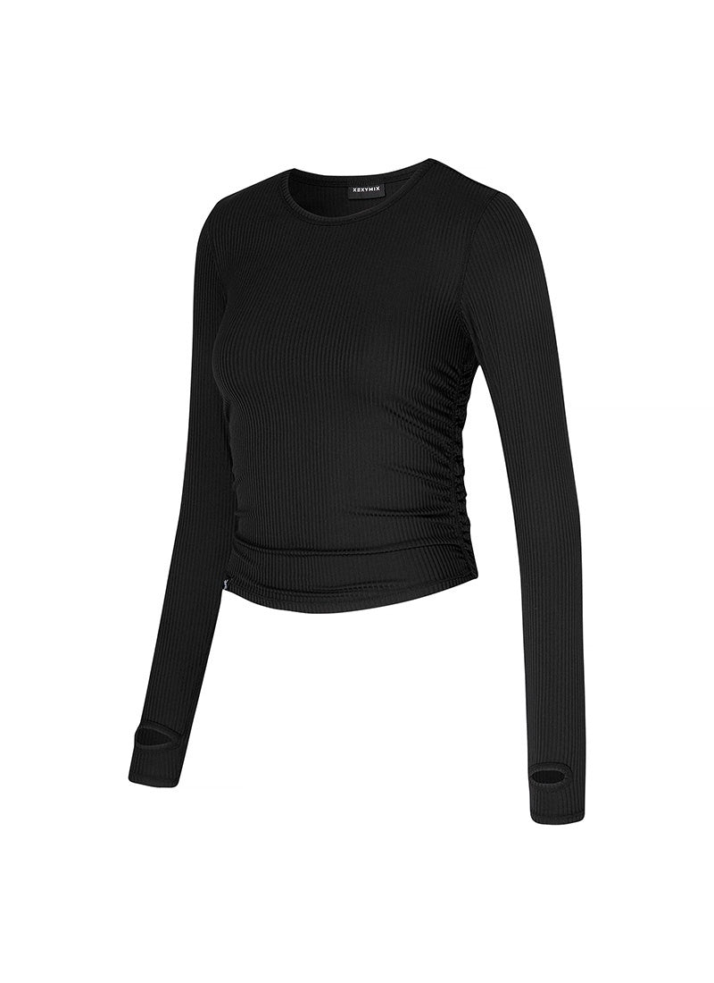 豎紋側抓皺短版指套式長袖上衣｜共5色｜XWFLT05J3