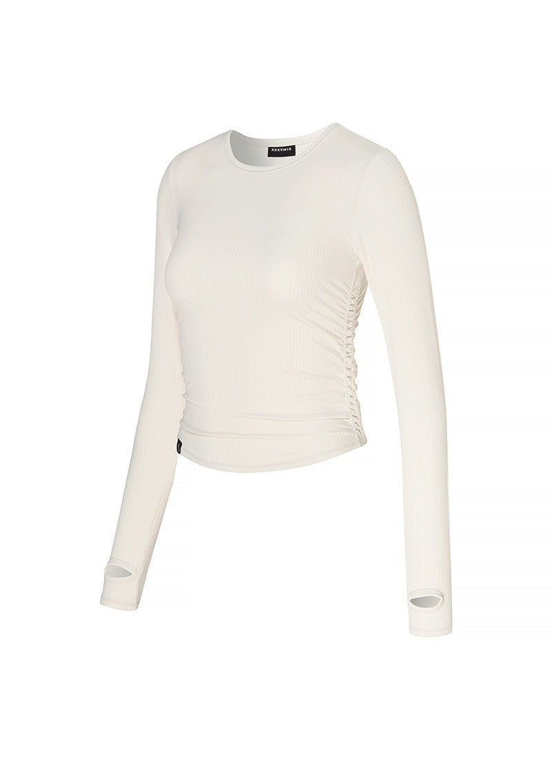 豎紋側抓皺短版指套式長袖上衣｜共5色｜XWFLT05J3