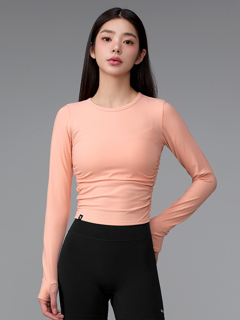 豎紋側抓皺短版指套式長袖上衣｜共5色｜XWFLT05J3